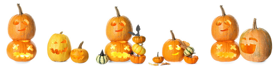 Set of scary Halloween pumpkins isolated on white