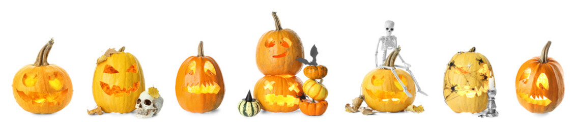 Set of carved Halloween pumpkins isolated on white