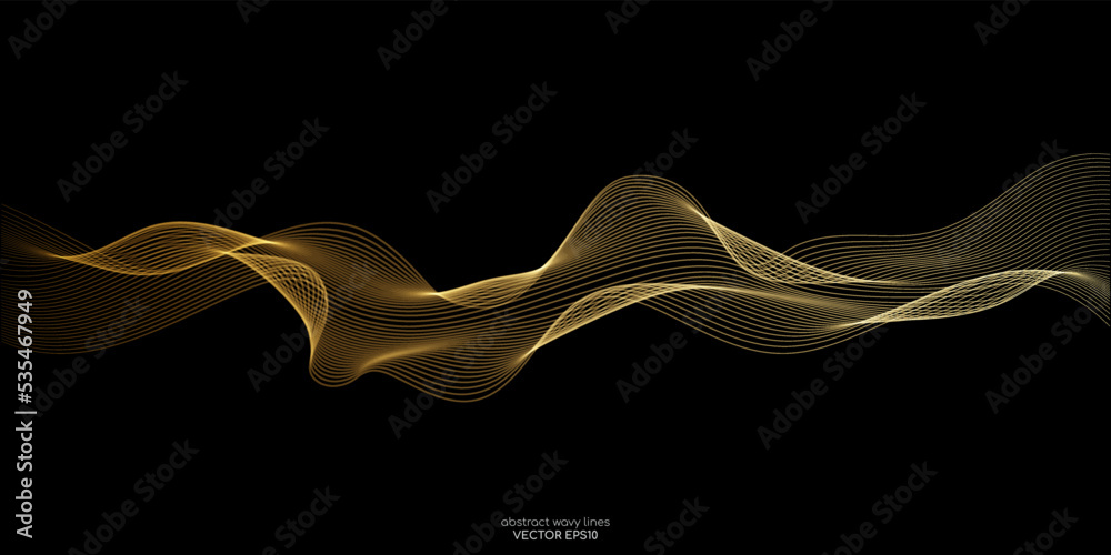 Aufkleber Vector wave lines smooth flowing dynamic gold gradient light isolated on black background for concept of luxury, technology, digital, communication, science, music