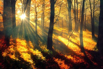 Autumn forest nature. Vivid morning in colorful forest with sun rays through branches of trees. Scenery of nature with sunlight. High quality illustration