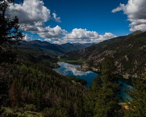 High-angle shot of a San Cristobal Colorado mountain lake with sky and trees reflected in the water