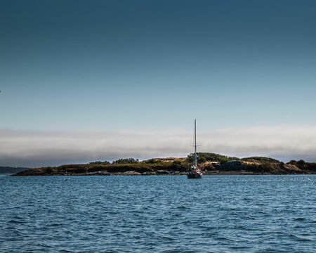 Oak Bay Marina sea view at sunset with a sailboat flowing and a blue sky, gray cloudline background