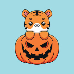 cute pumpkin tiger halloween cartoon mascot doodle art hand drawn concept vector kawaii icon illustration