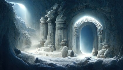 Portal in stone arch with magical symbols in mountain cave. Gate to alien worlds in ancient temple. Fantasy scene 3d illustration. 3d render - obrazy, fototapety, plakaty