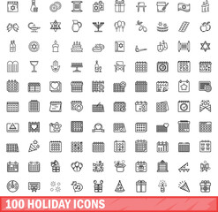 100 holiday icons set. Outline illustration of 100 holiday icons vector set isolated on white background