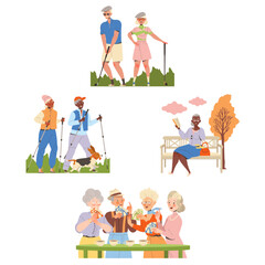 Pensioner Characters Engaged in Different Hobby Activity on Retirement Vector Set