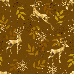 Christmas gold pattern. Seamless background with deers, snowflakes, herbs. Celebration design for paper, cover, fabric, interior decor and other.