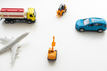 Overhead view of different car toys.