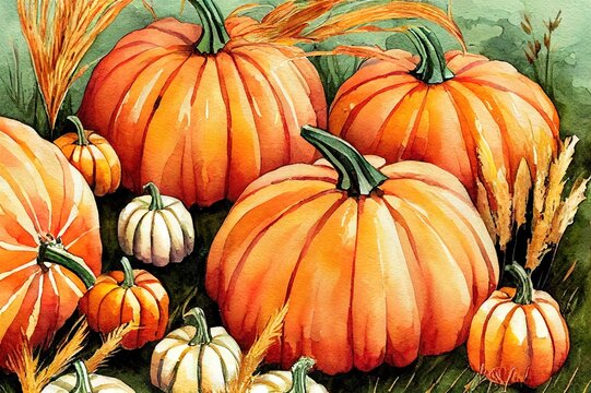 Pumpkin and pampas grass arrangement. Fall boho style watercolor illustration. Autumn, harvest, thanksgiving card, greeteng, stationery, fall wedding invitation. High quality illustration