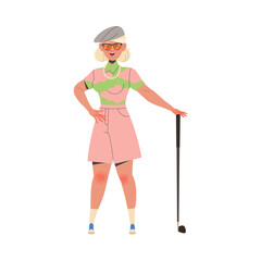 Woman Pensioner Character in Pink Shorts with Club Playing Golf Engaged in Hobby Activity on Retirement Vector Illustration