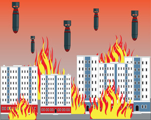 War in city blaze buildings fall bombs