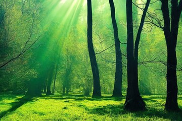 GREEN FOREST LANDSCAPE WITH SUN LIGHT RAYS, FRESH GREEN GRASS AND TREES, BEAUTY OF SPRING NATURE. High quality illustration