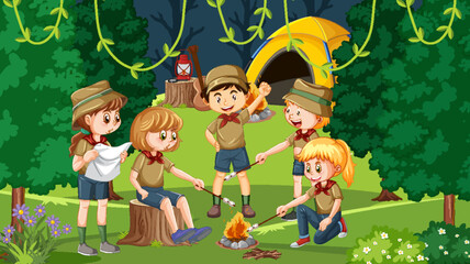 Outdoor camping with scout kids