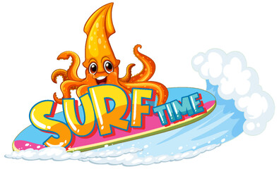 Cute squid on surfboard cartoon character