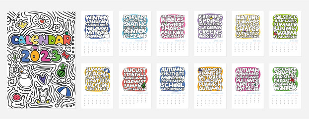 calendar 2023. Doodle draw. 12 months. CMYK. Calendar with fun bunny. Hand draw