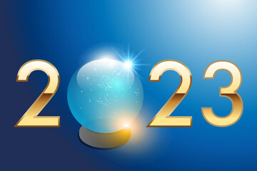 2023 sur le concept de la stratégie visionnaire et de la prise de risque dans l’investissement des entreprises, avec une boule de cristal pour prévoir l’avenir. - obrazy, fototapety, plakaty