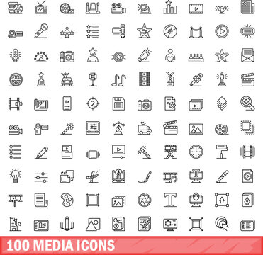 100 media icons set. Outline illustration of 100 media icons vector set isolated on white background