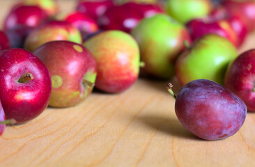 Concept for an simple autumn background. Close-up of fresh, organic fruit (apples, plums) on a wooden table. Shallow depth of field, copy space.