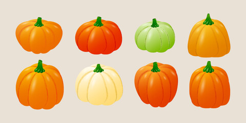 Cute pumpkins for Halloween or Thanksgiving celebration. Seasonal pumpkin harvest. Vector illustration.