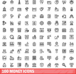 100 money icons set. Outline illustration of 100 money icons vector set isolated on white background
