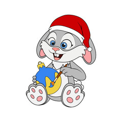 Happy rabbit in Santa hat sitting and painting brush christmas ball. Rabbit as symbol of 2023 Chinese New Year. Cartoon character of bunny or hare with toy. New year art for kids. Celebration concept.