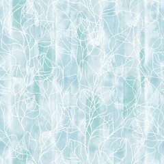Abstract floral background. Seamless pattern with hand drawn branches on blue watercolor background. Vector. Line art. Perfect for wallpaper, wrapping, fabric and textile.