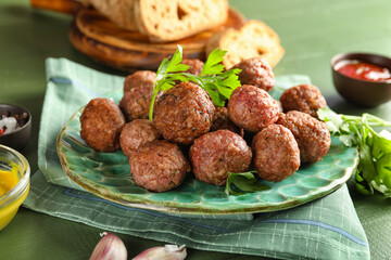Plate with tasty meat balls and parsley on green wooden background, closeup