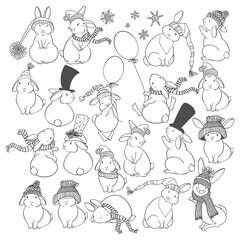 Funny bunnies winter hats and scarves. Vector illustration. Outline drawing, collection isolated element for design, coloring book. Perfect for Winter, Christmas, New Year design.