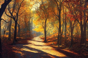 Obraz premium Autumn forest scenery with road of fall leaves & warm light illumining the gold foliage. Footpath in scene autumn forest nature. Vivid october day in colorful forest, maple autumn trees road fall way