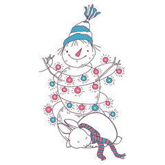 Cute snowman and funny rabbit. Vector. Christmas holiday characters. Perfect for design of cards, invitations, stickers.