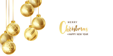 Merry Christmas Template Design With Golden Christmas Balls 3D Design beautifully arranged