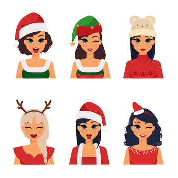 Collection of isolated women in Christmas costumes concept  - vector, illustration