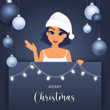Elegant Christmas card, fancy woman with Santa Claus' hat and decorations - vector, illustration