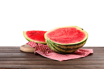 Board with slices of ripe watermelon on wooden table against white background