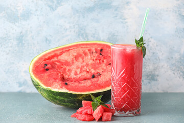 Glass with tasty cold watermelon fresh on color background