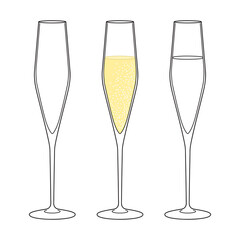 Champagne glasses empty and full vector illustration. Restaurant glassware. Bubbly in glass. Champagne glasses flat icons, fizzy champaign in goblet. Holiday alcohol signs.