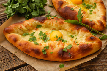 Tasty Ajarian khachapuri with cilantro on wooden background, closeup