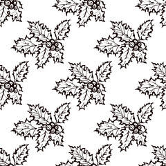 Seamless pattern with hand drawn holly berry leaves. Suitable for packaging, wrappers, fabric design. PNG illustration