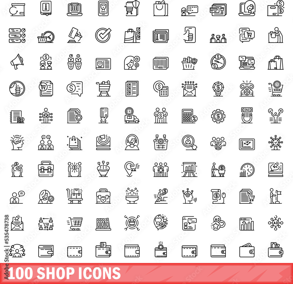 Wall mural 100 shop icons set. outline illustration of 100 shop icons vector set isolated on white background