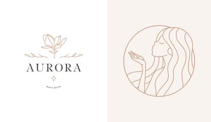 Beautiful female figure, modern feminine art. Esoteric Logo and brand elements template illustration in simple minimal linear style in nude color.