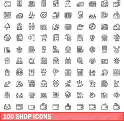 100 shop icons set. Outline illustration of 100 shop icons vector set isolated on white background