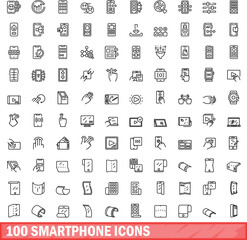 100 smartphone icons set. Outline illustration of 100 smartphone icons vector set isolated on white background