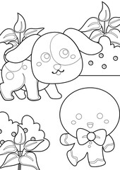 Gingerbread Christmas Cookies and Dog Animal Coloring Pages A4 for Kids and Adult