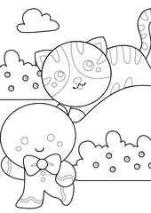 Gingerbread Christmas Cookies and Cat Animal Coloring Pages A4 for Kids and Adult