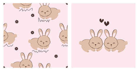 Obraz premium Seamless pattern with rabbit cartoons and daisy flower on pink background. Cute brown rabbit cartoons and hearts vector.