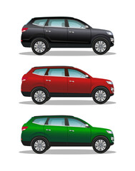 Naklejka premium Three luxury offroad cars, black, red, green. Different colors vehicles. Realistic crossover on white background. 4x4 transport.
