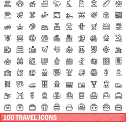 Fototapeta na wymiar 100 travel icons set. Outline illustration of 100 travel icons vector set isolated on white background
