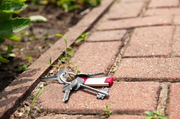 Keys on pavement outdoors, space for text. Lost and found
