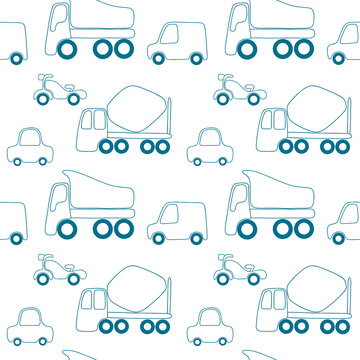 Vector seamless pattern with different cars. Cute cartoon illustration for print, fabric, textile, background, wallpaper.