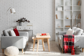 Interior of modern living room with grey sofas, table and tree branches
